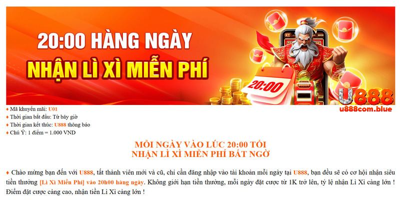 Tham gia khuyến mãi U888 nhận lì xì khủng