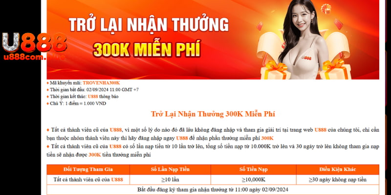 Trở Lại Nhận Thưởng 300k Miễn Phí - Ưu Đãi Trên U888